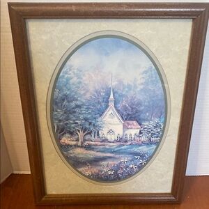 VTG Home Interior  Church w/ serene Landscape wood framed picture Art 15x12”